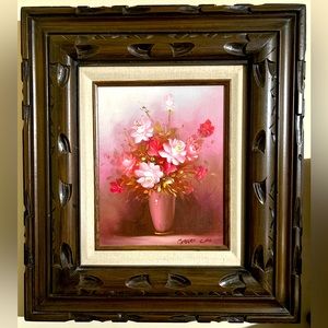 Large Still Life Oil on Canvas Painting of Pink Roses Signed by Robert Cox